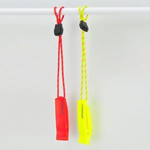 Heimdall Safety Whistles hanging by lanyards