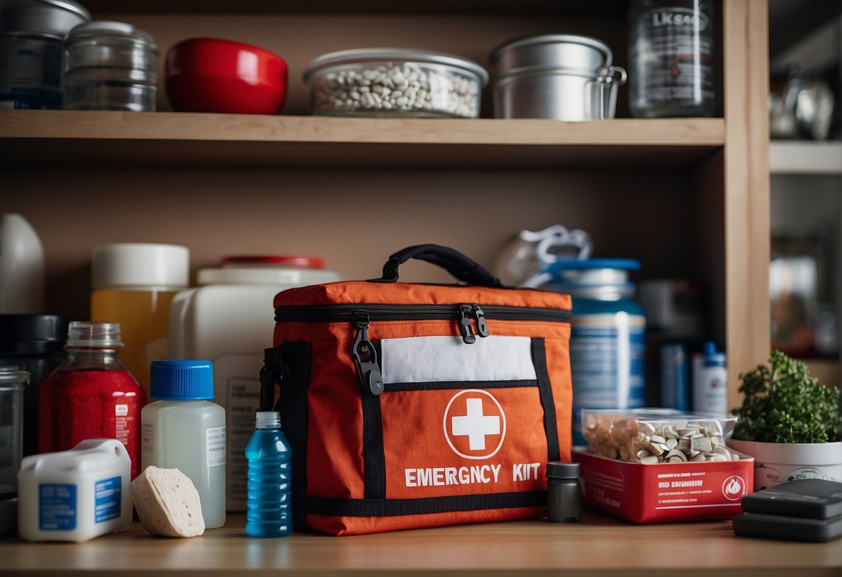 A well-stocked emergency kit sits on a shelf, containing food, water, first aid supplies, and other essentials. A family emergency plan is posted nearby