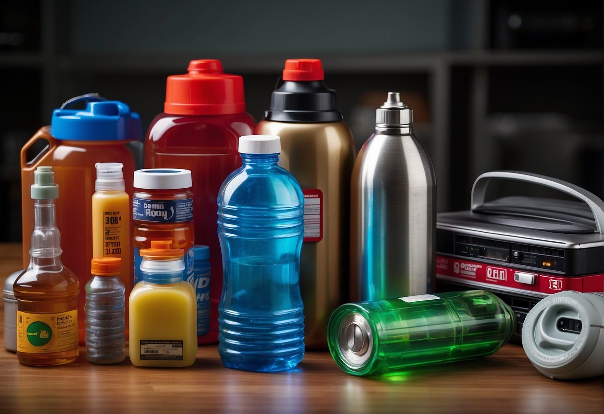 A table with a variety of emergency supplies: water bottles, non-perishable food, flashlight, batteries, first aid kit, and a portable radio