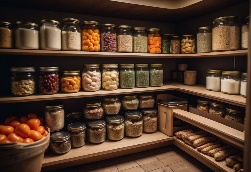 A pantry stocked with canned goods, dried fruits, grains, and preserved meats. A root cellar with potatoes, carrots, and onions. A freezer filled with frozen vegetables and fruits