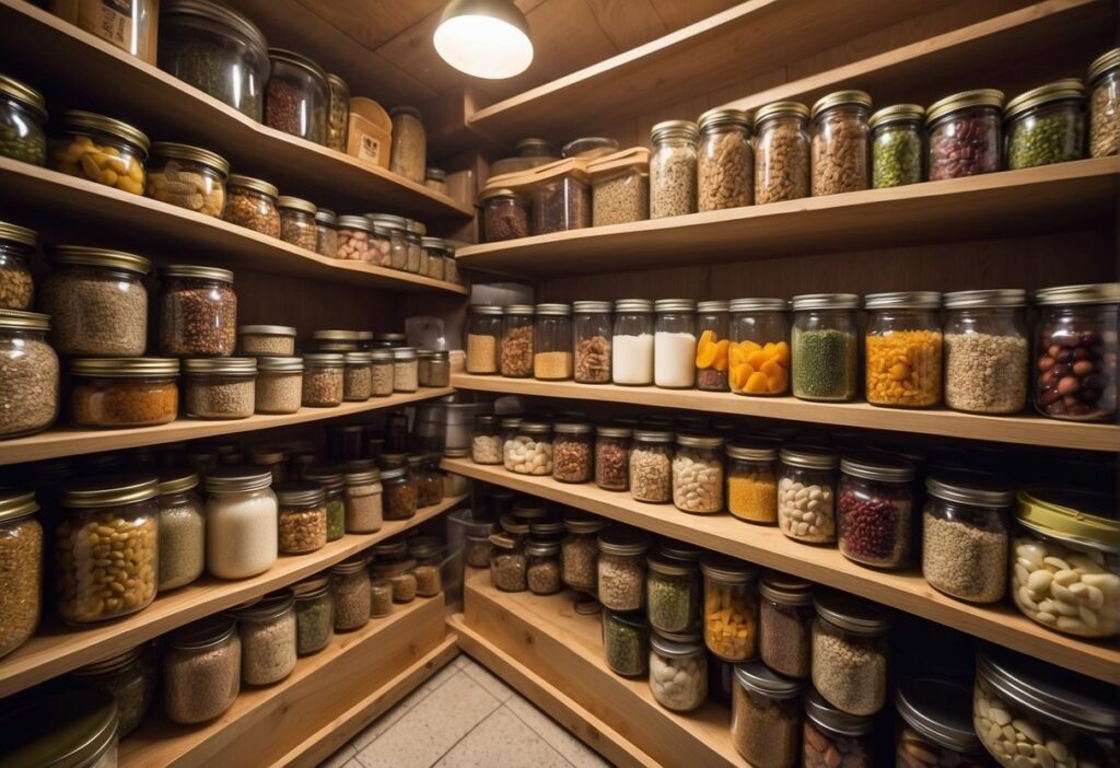 A pantry filled with canned goods, grains, and dried fruits. Shelves lined with jars of preserved vegetables and meats. A variety of non-perishable items neatly organized for long-term survival