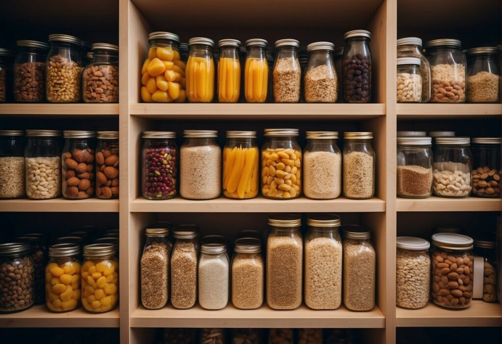 A pantry stocked with canned goods, dried fruits, nuts, and grains. A variety of non-perishable items neatly organized on shelves