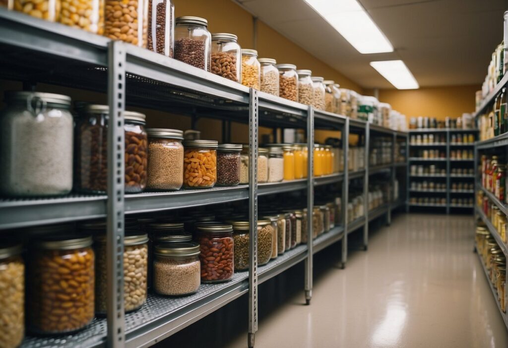 A pantry filled with canned goods, dried fruits, and grains. A large water storage tank sits in the corner, surrounded by shelves of preserved foods