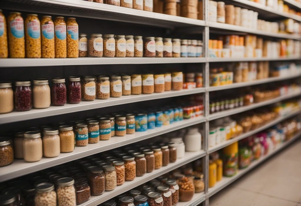 Shelves filled with canned beans, nuts, and non-dairy milk cartons. A pantry stocked with dried fruits, tofu, and plant-based protein powders