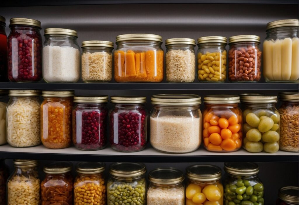 Various canned goods and dry foods arranged on shelves in a pantry. Vacuum-sealed bags of rice, beans, and pasta stacked neatly in a corner. Jars of pickled vegetables and fruits lined up on a countertop