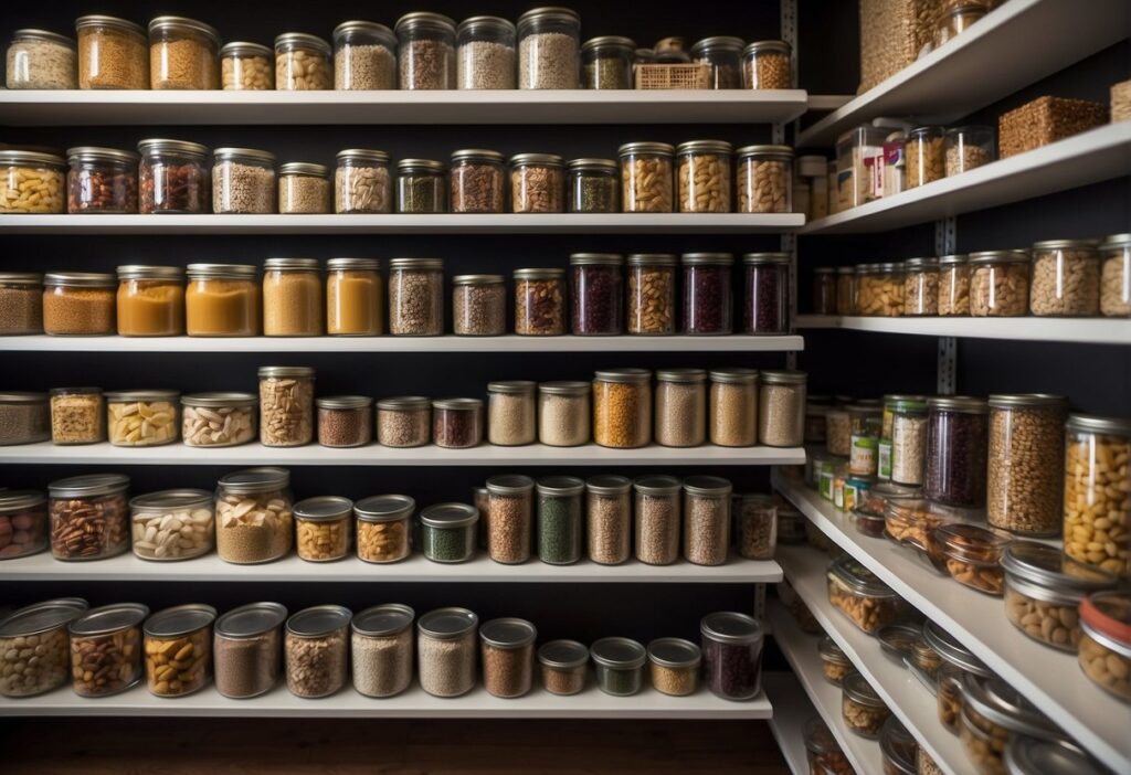 A pantry filled with canned goods, dried fruits, grains, and non-perishable items neatly organized on shelves. A variety of foods to sustain long-term survival