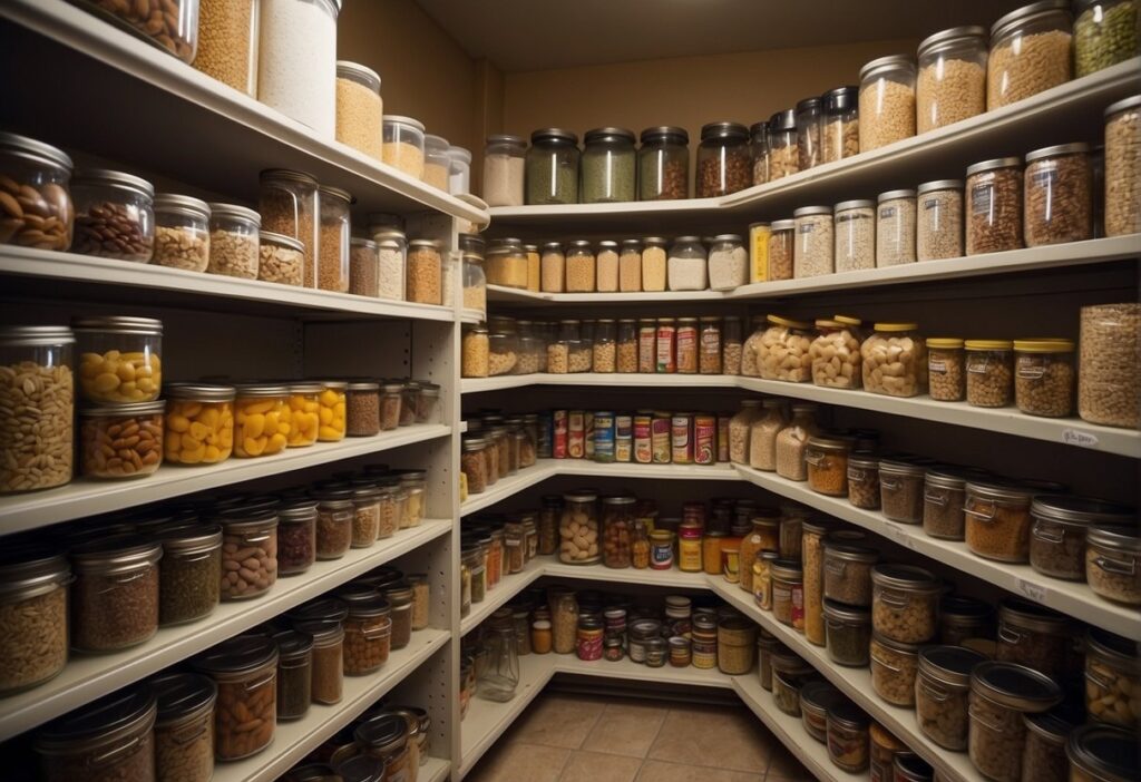 A pantry stocked with non-perishable items like canned goods, dried fruits, nuts, and grains. A variety of special diet-friendly foods are neatly organized on shelves for long-term survival