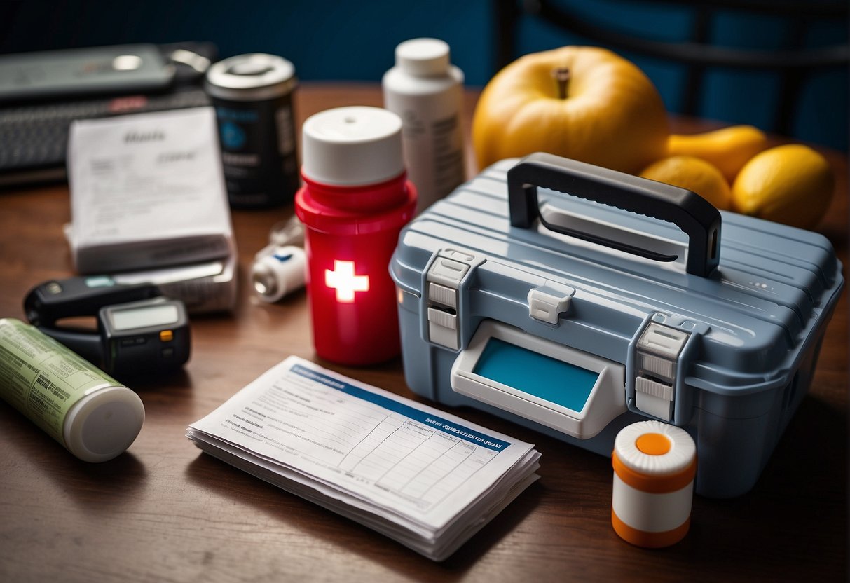 A table with emergency prepping supplies: water, food, first aid kit, flashlight, batteries, and a list of emergency contacts