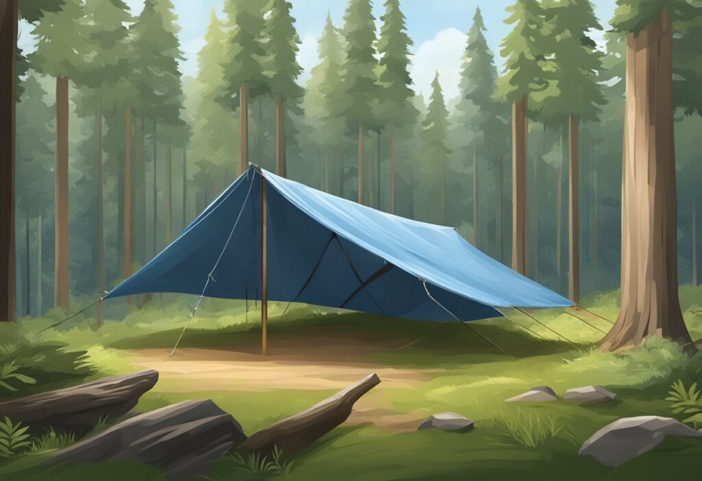 A tarp shelter stands amidst a forest, secured with ropes and stakes, providing protection from the elements