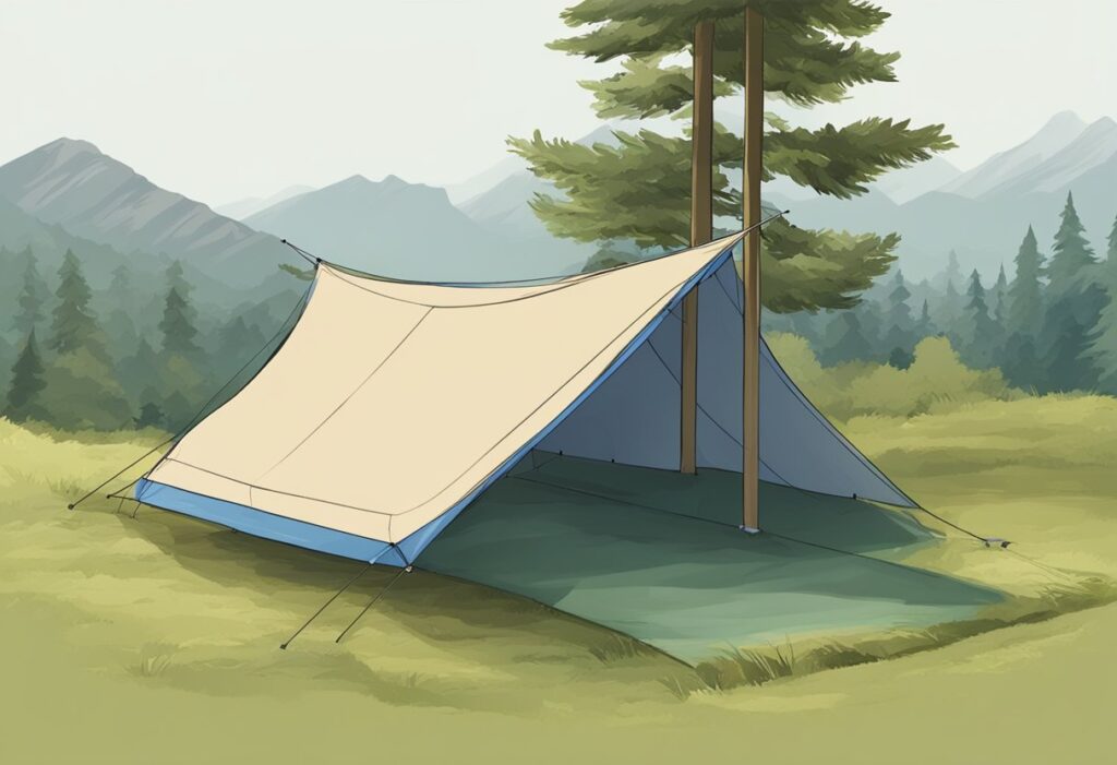 A tarp shelter is set up using a large tarp, tied to trees or poles. The shelter has a sloped roof and open sides, providing protection from the elements