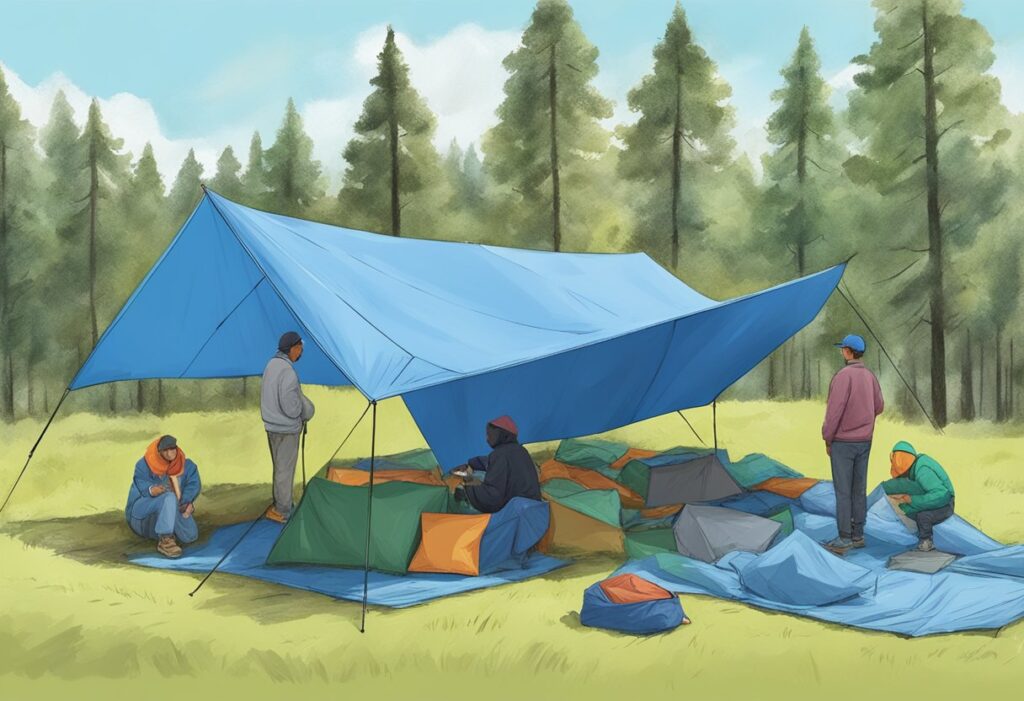 A person selects a tarp for a shelter, surrounded by various sizes and colors of tarps, with trees and a clear sky in the background