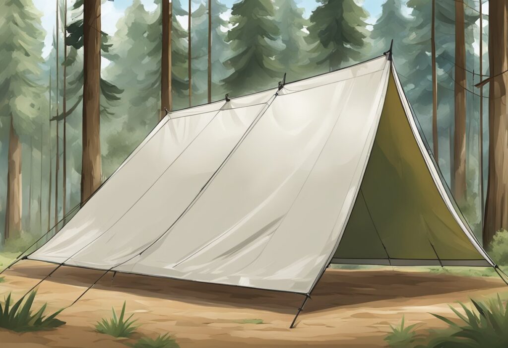 A tarp is stretched tautly over a frame, secured with ropes and stakes. The corners are anchored to the ground, creating a sturdy shelter