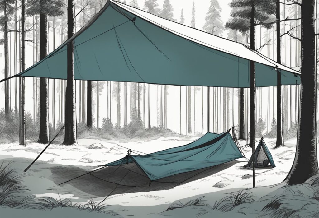 A tarp is suspended between trees in a forest. The shelter is set up with stakes and guy lines, with a sleeping bag and backpack underneath