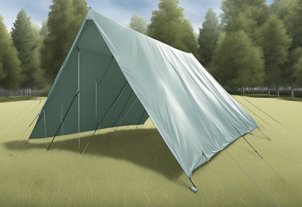 A tarp shelter is being customized using advanced techniques. The shelter is being reinforced with additional supports and secured with strong knots