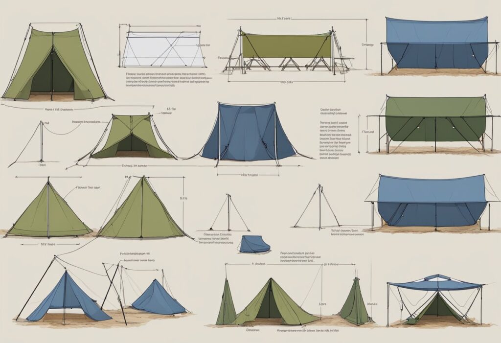 A tarp shelter is set up in various configurations, using poles and ropes to create a sturdy, weather-resistant structure